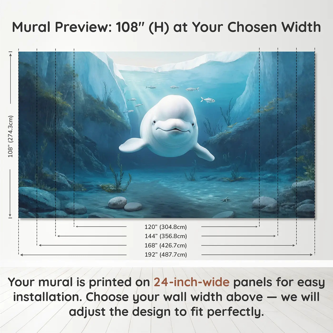 Panel layout and dimensions for Friendly Beluga Whale Wallpaper Mural by Whimsy Tots