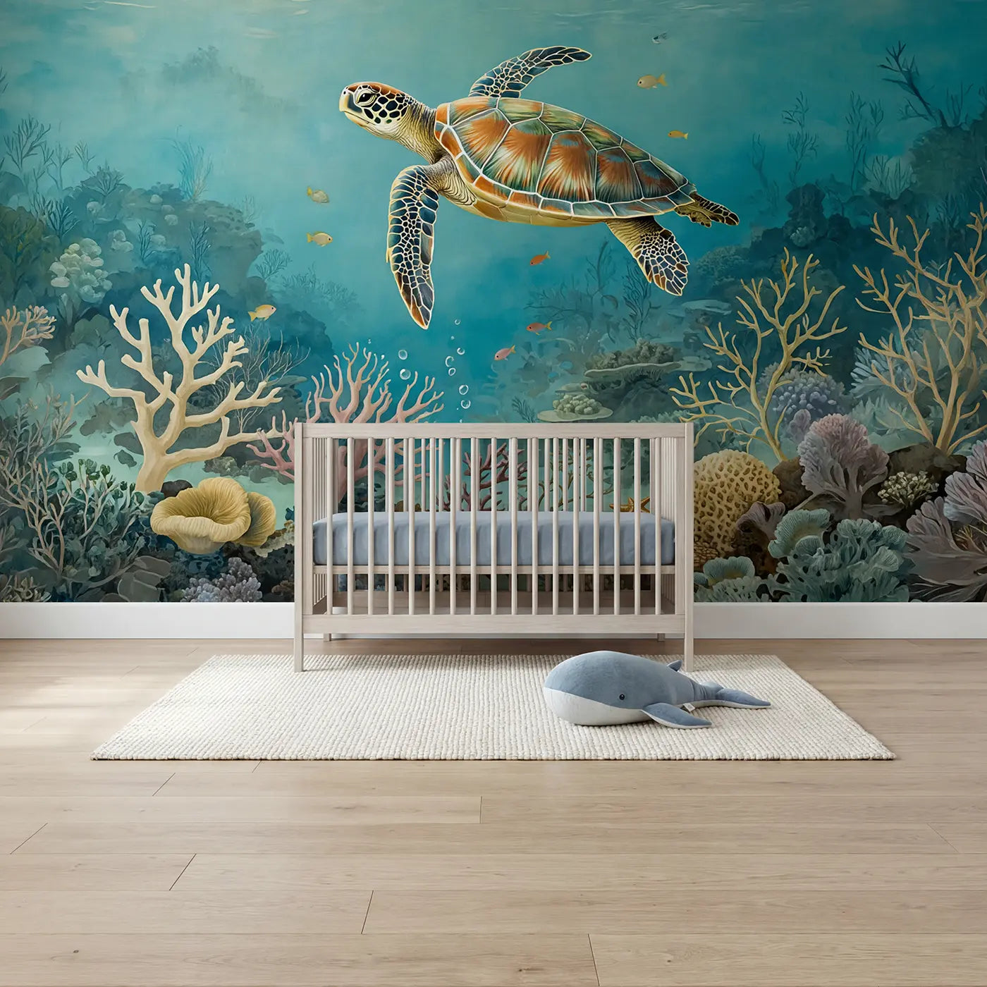 Botanical Elegance sea turtle coral garden wallpaper mural for boys room by Whimsy Tots
