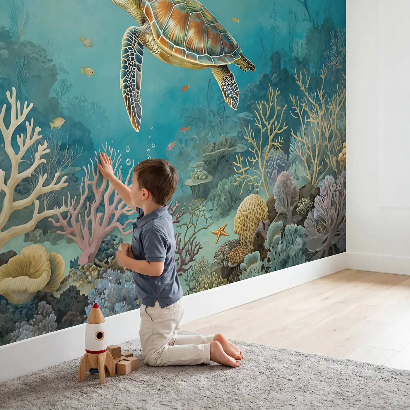 Child in nursery with Sea Turtle Coral Garden Wallpaper Mural by Whimsy Tots