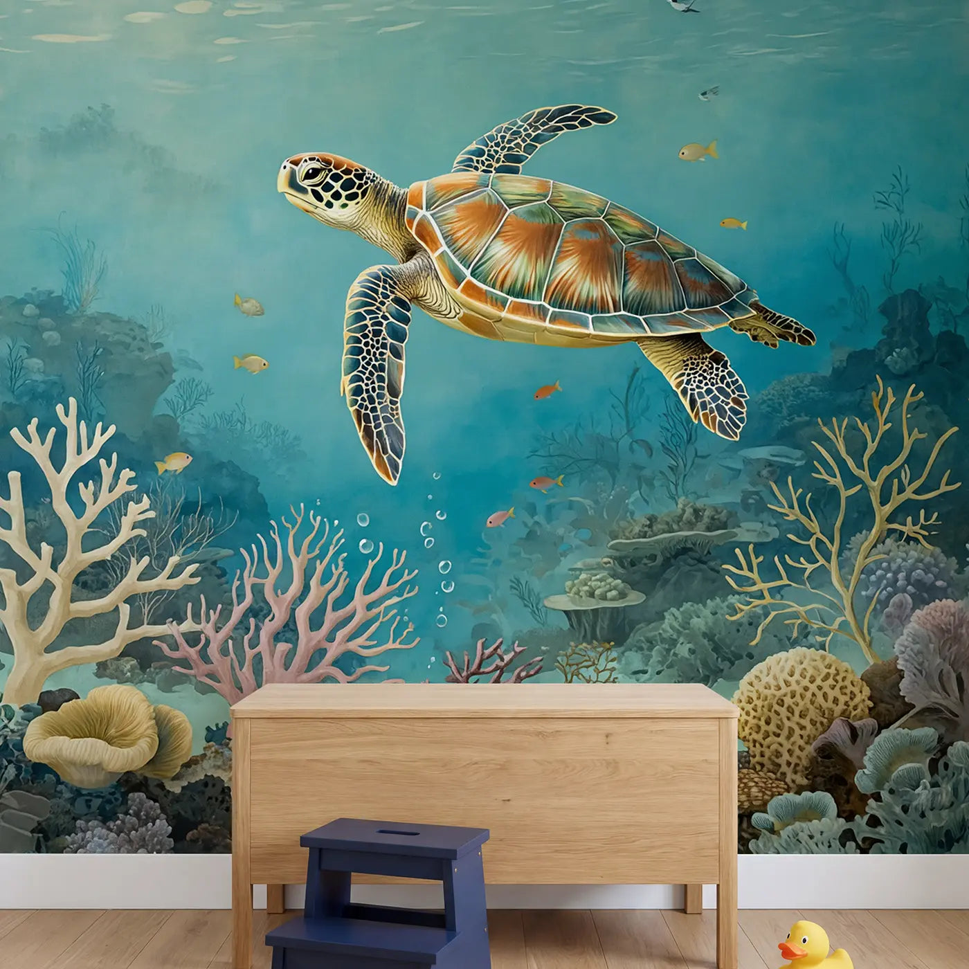 Sea Turtle Coral Garden Wallpaper Mural in playroom setting by Whimsy Tots