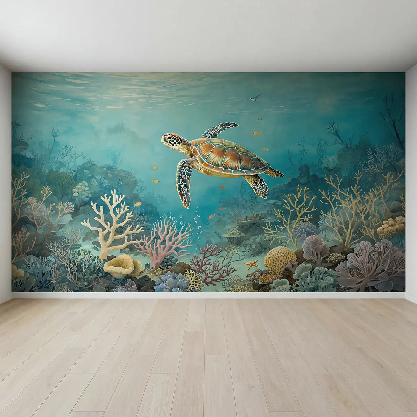 Full view of Sea Turtle Coral Garden Wallpaper Mural by Whimsy Tots