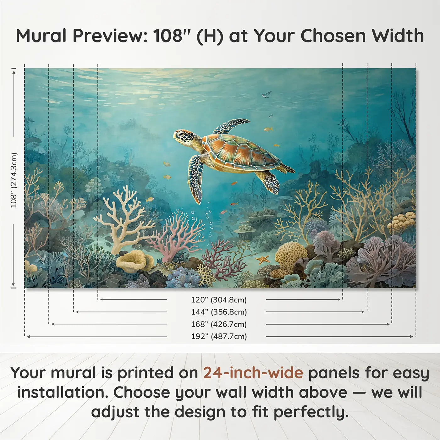 Panel layout and dimensions for Sea Turtle Coral Garden Wallpaper Mural by Whimsy Tots