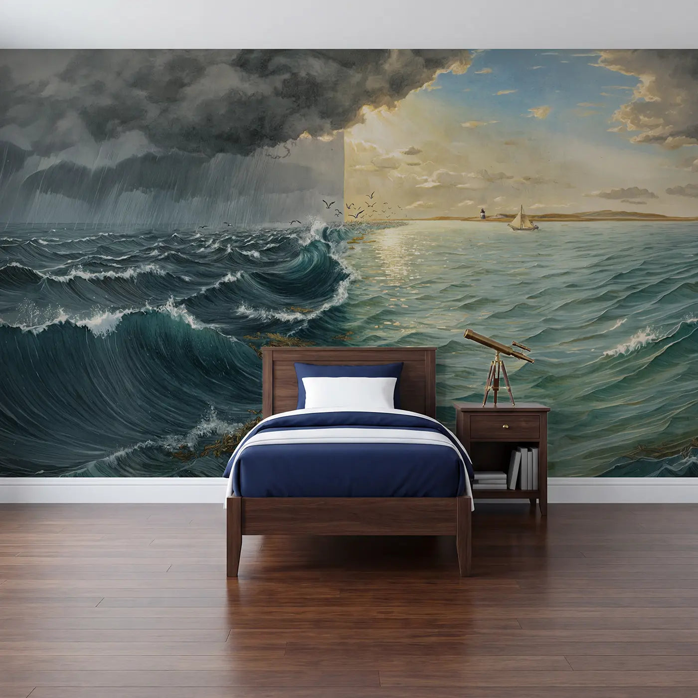 storybook ocean storm lighthouse wallpaper mural for kids room by Whimsy Tots
