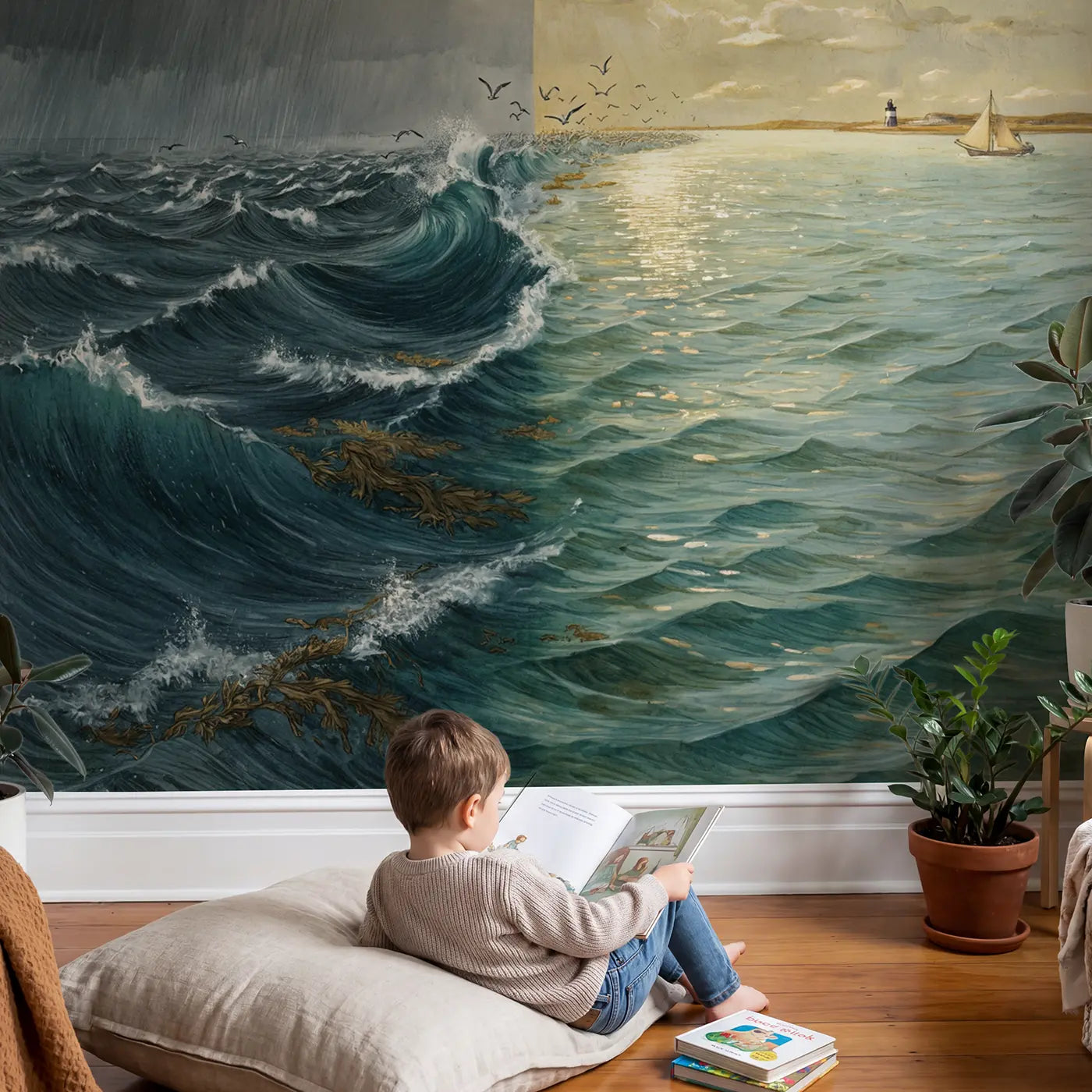 Child in nursery with Storm and Calm Ocean Border Wallpaper Mural by Whimsy Tots