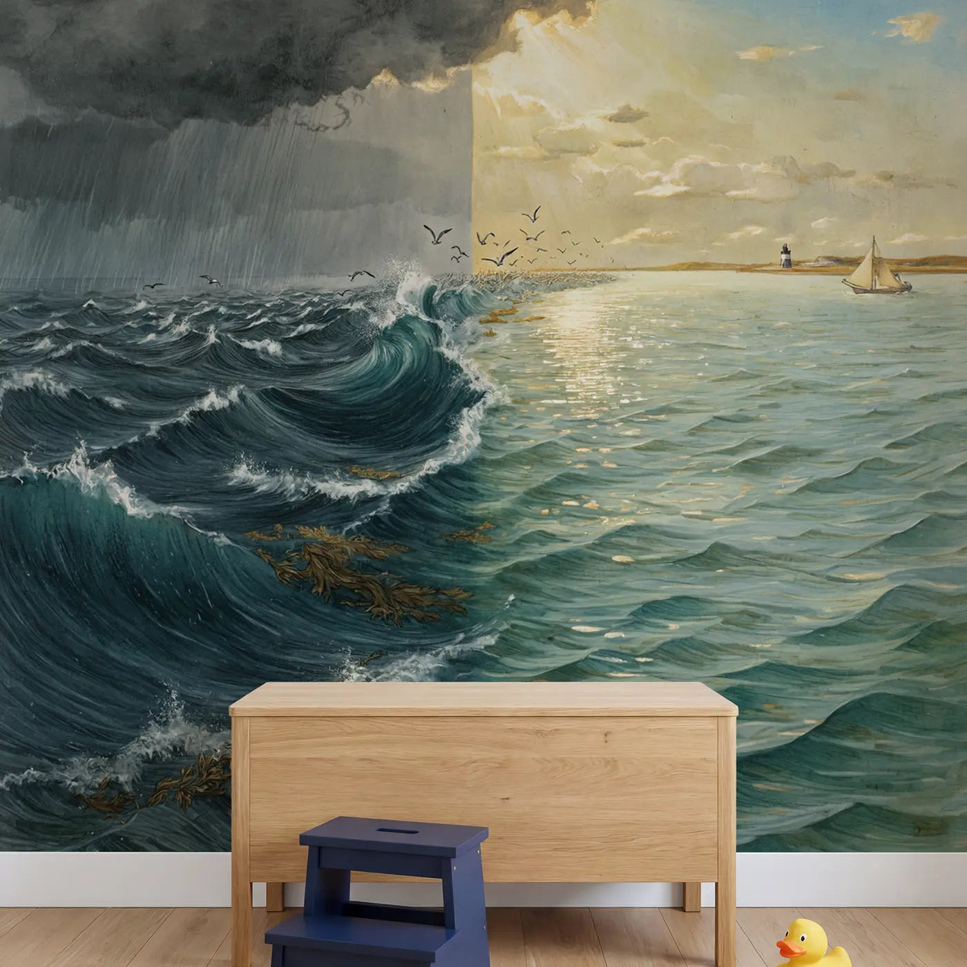 Storm and Calm Ocean Border Wallpaper Mural in playroom setting by Whimsy Tots
