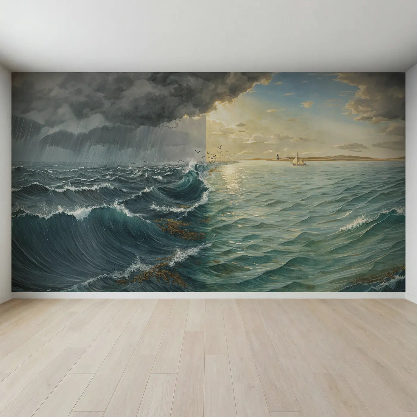 Full view of Storm and Calm Ocean Border Wallpaper Mural by Whimsy Tots