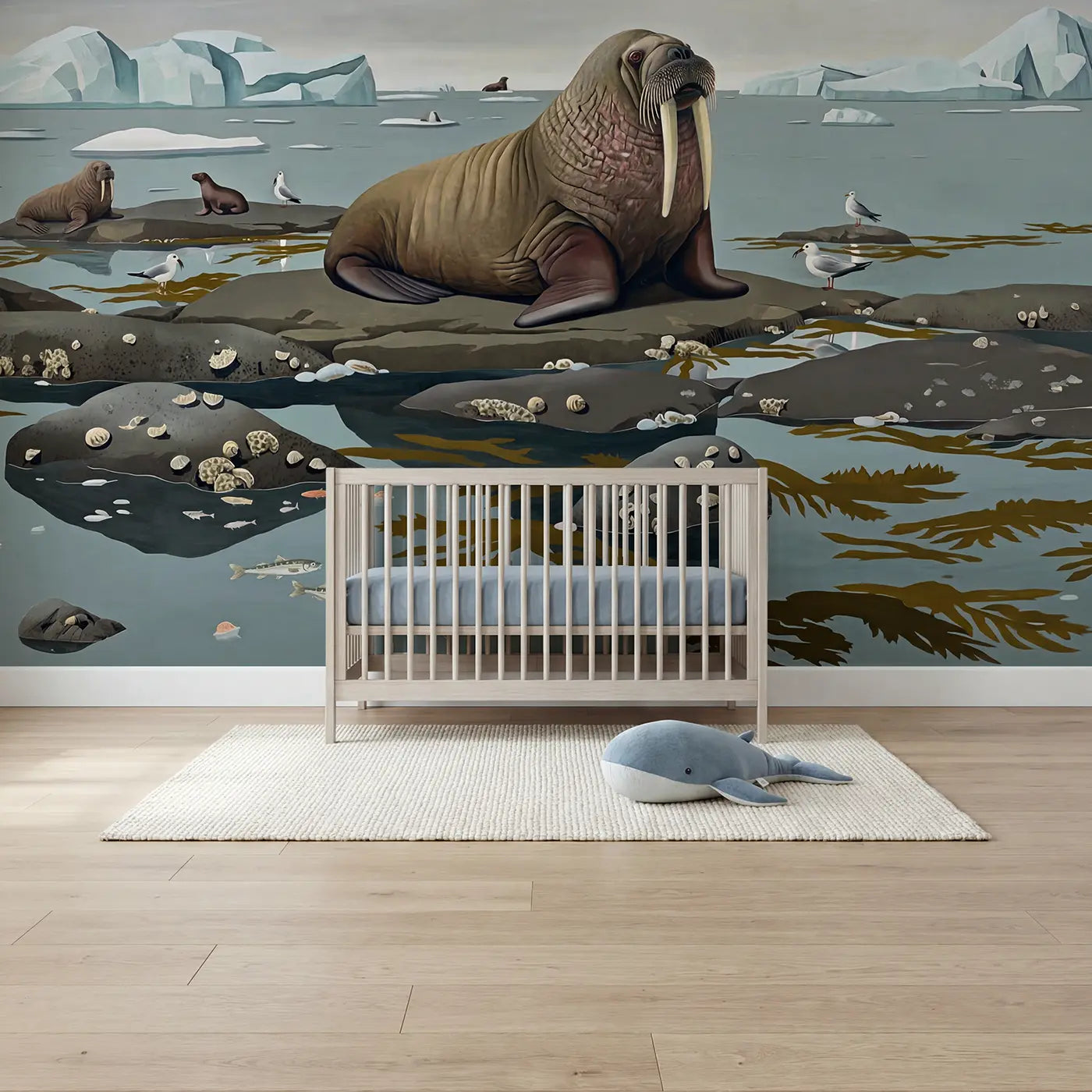 modern illustration arctic walrus rocky shore wallpaper mural for kids room by Whimsy Tots