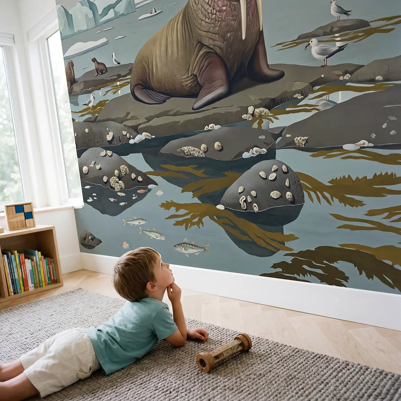 Child in nursery with Arctic Walrus Rocky Shore Wallpaper Mural by Whimsy Tots