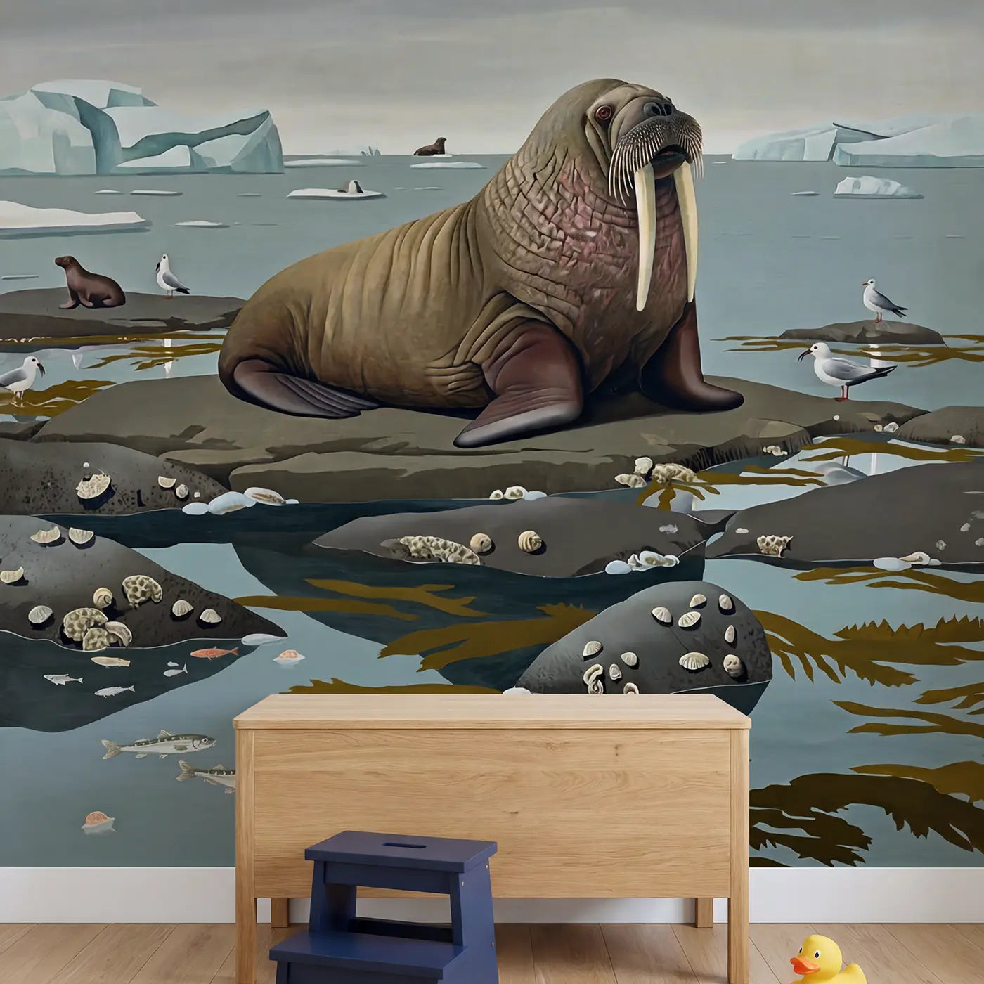 Arctic Walrus Rocky Shore Wallpaper Mural in playroom setting by Whimsy Tots