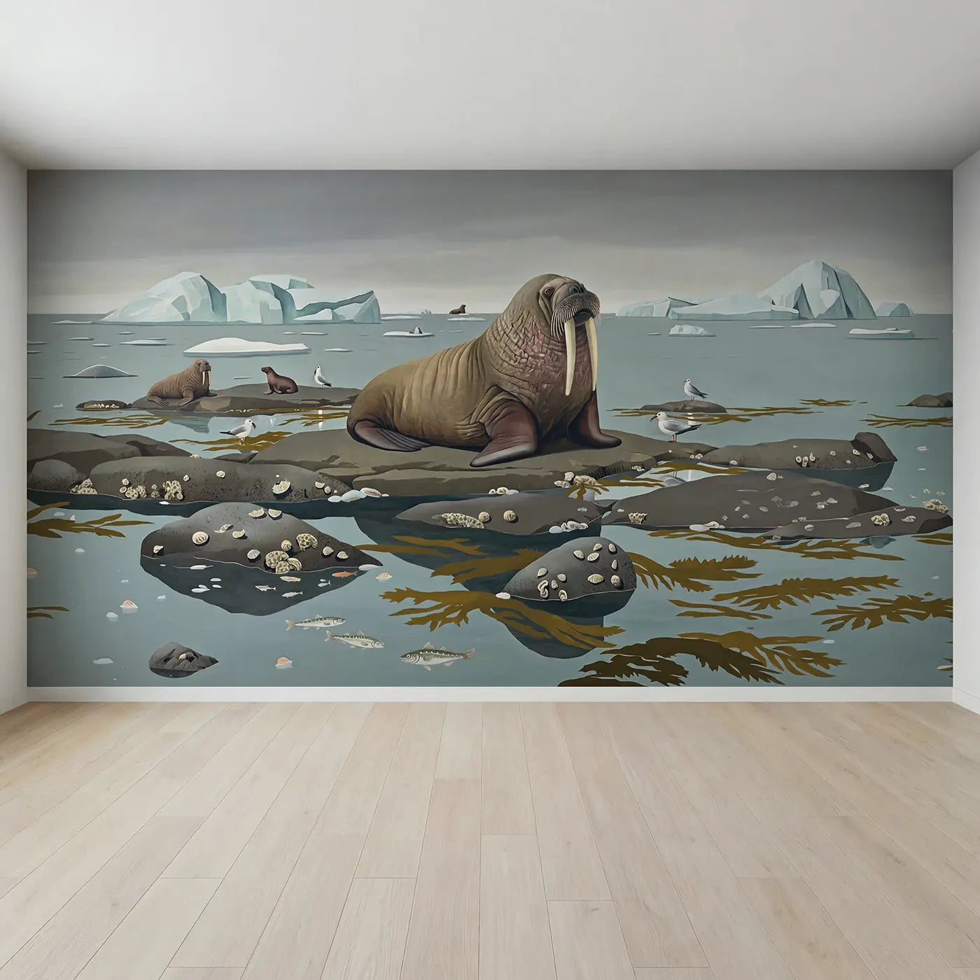 Full view of Arctic Walrus Rocky Shore Wallpaper Mural by Whimsy Tots