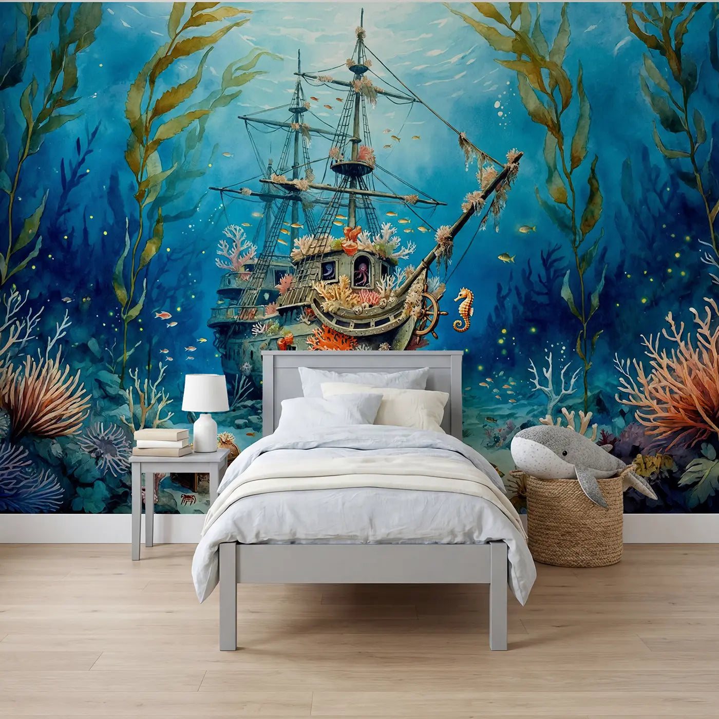 Watercolor coral and fish ocean wallpaper mural for kids room by Whimsy Tots
