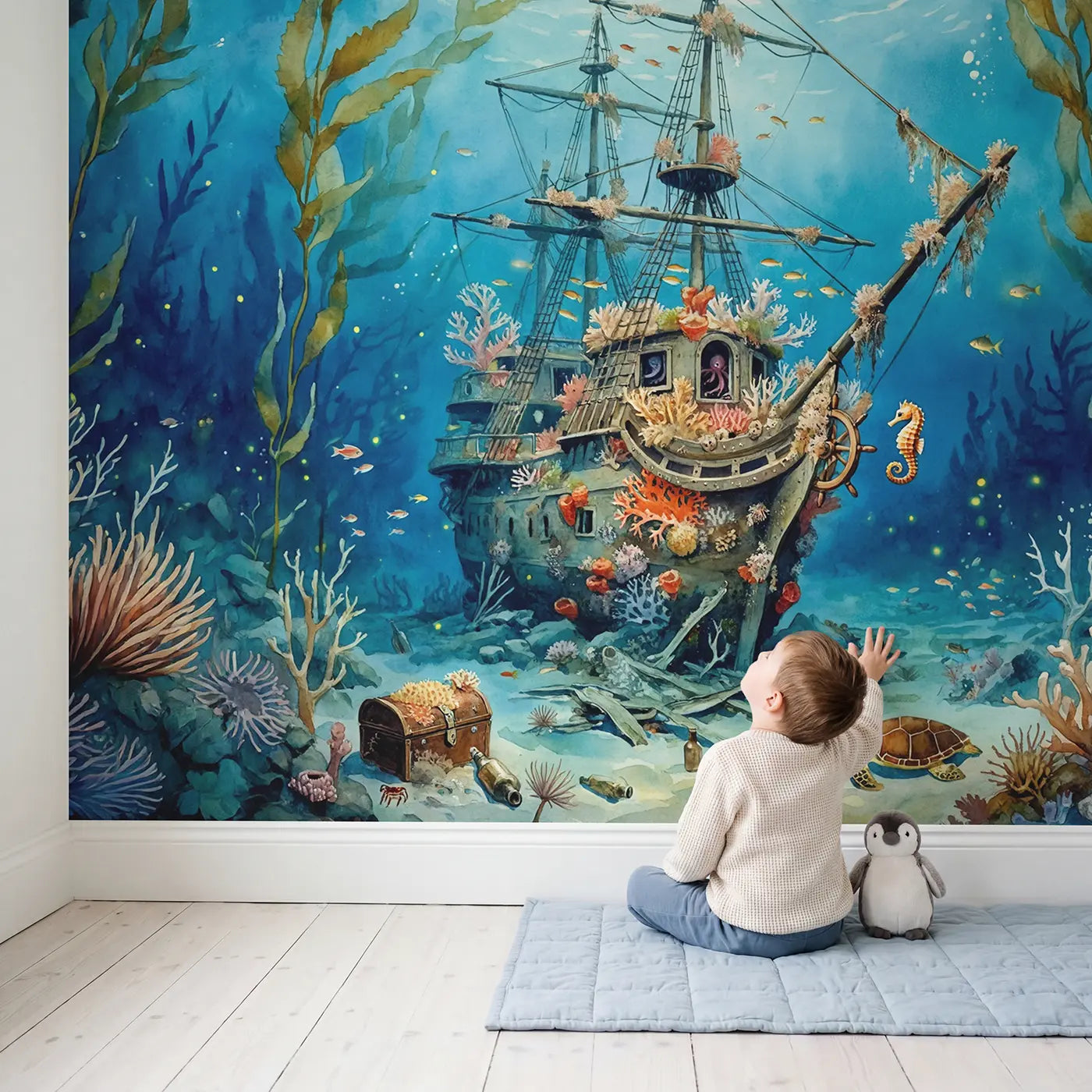 Child in nursery with Sunken Ship Coral Garden Wallpaper Mural by Whimsy Tots