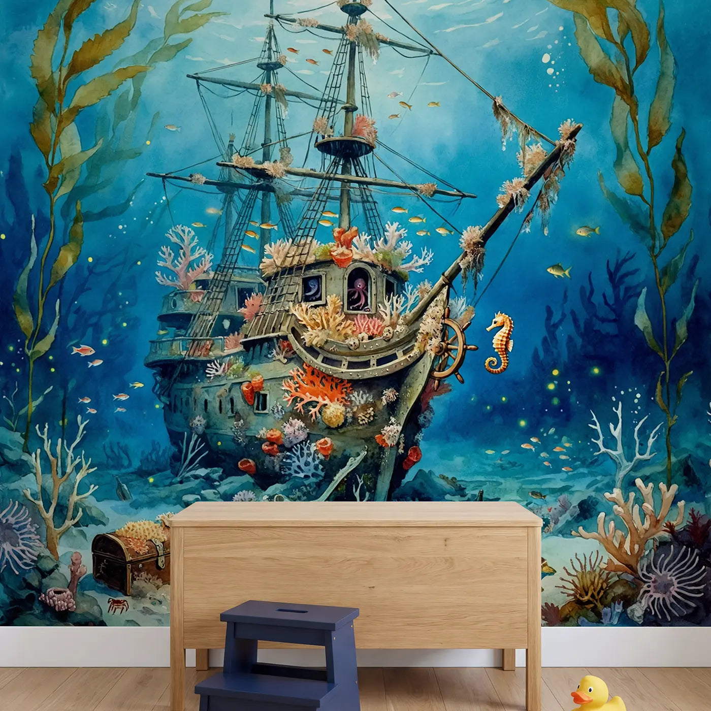 Sunken Ship Coral Garden Wallpaper Mural in playroom setting by Whimsy Tots