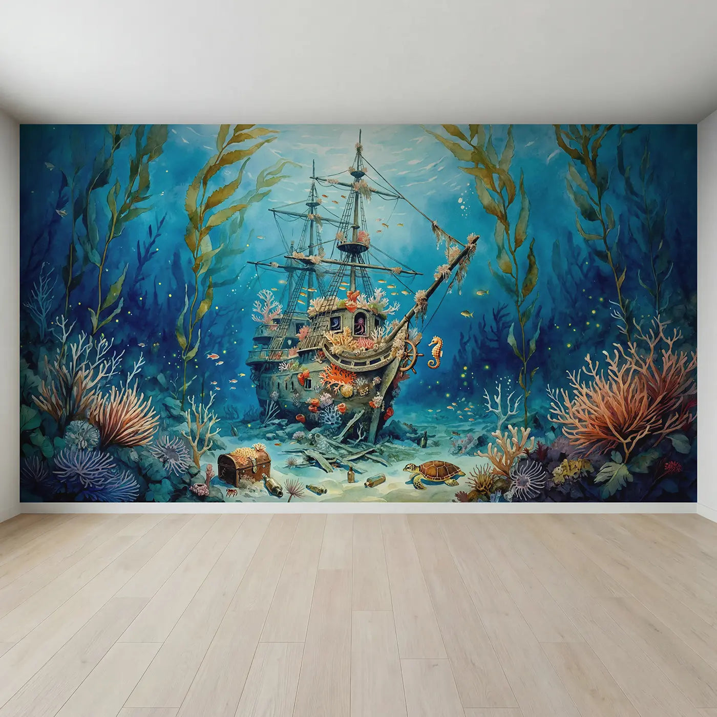 Full view of Sunken Ship Coral Garden Wallpaper Mural by Whimsy Tots