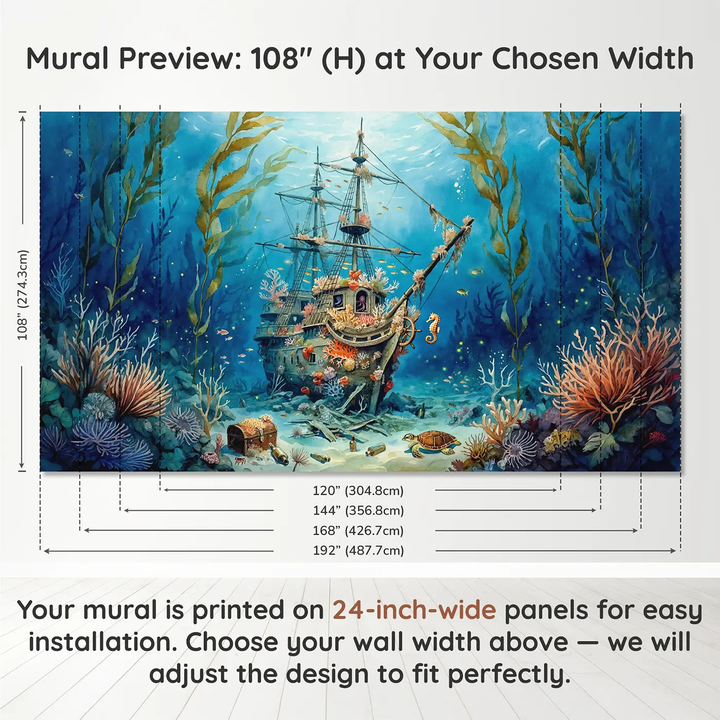 Panel layout and dimensions for Sunken Ship Coral Garden Wallpaper Mural by Whimsy Tots