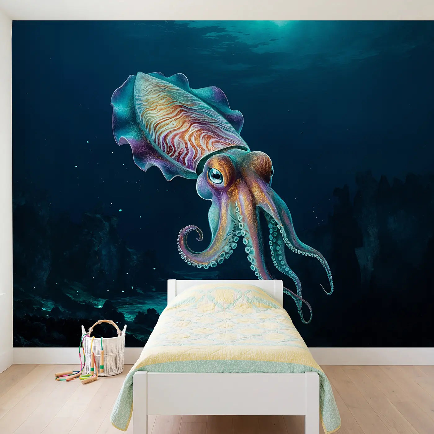 Soft pastel cuttlefish coral reef wallpaper mural for girls room by Whimsy Tots
