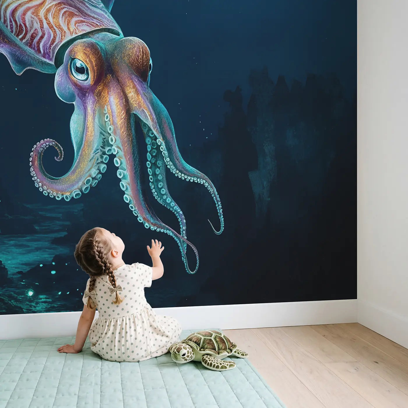 Child in nursery with Hypnotic Cuttlefish Wallpaper Mural by Whimsy Tots
