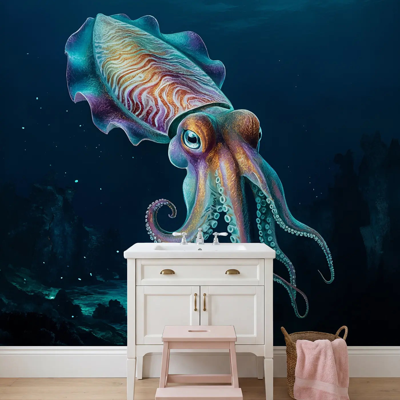Hypnotic Cuttlefish Wallpaper Mural in playroom setting by Whimsy Tots
