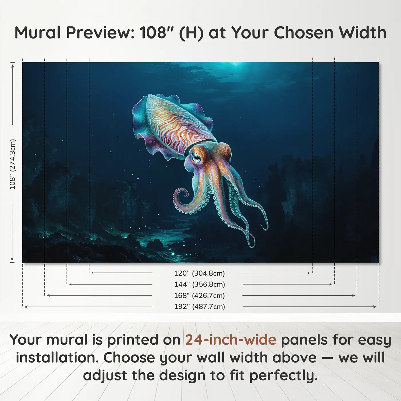 Panel layout and dimensions for Hypnotic Cuttlefish Wallpaper Mural by Whimsy Tots
