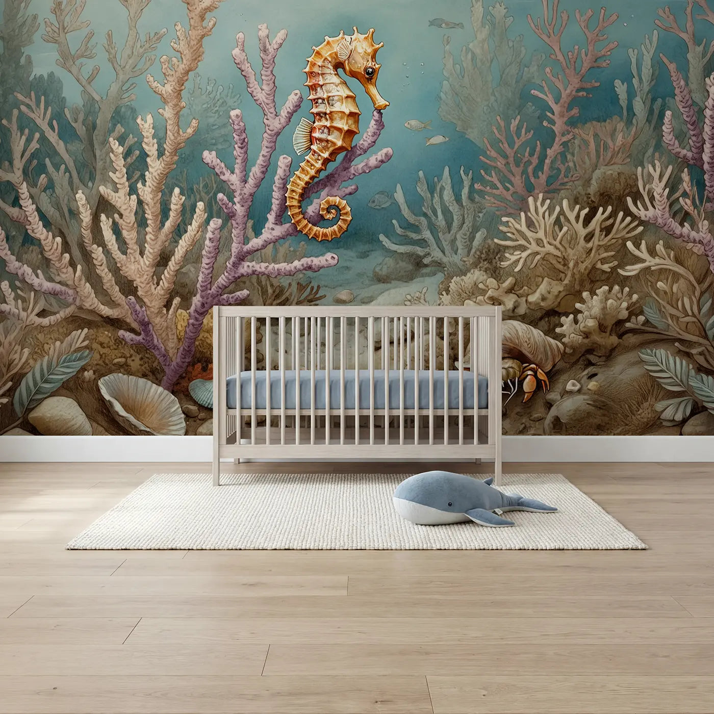 Storybook golden seahorse sea fan wallpaper mural for kids room by Whimsy Tots