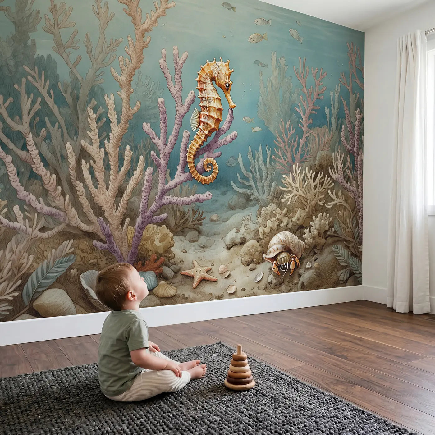 Child in nursery with Golden Seahorse Sea Fan Wallpaper Mural by Whimsy Tots