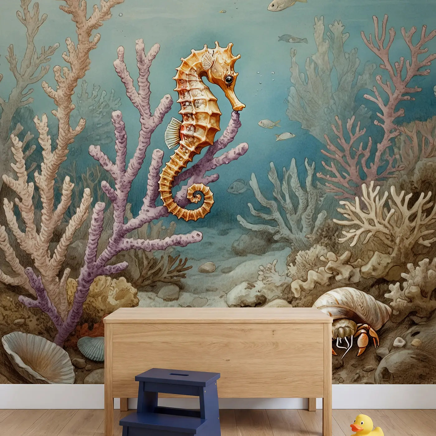 Golden Seahorse Sea Fan Wallpaper Mural in playroom setting by Whimsy Tots