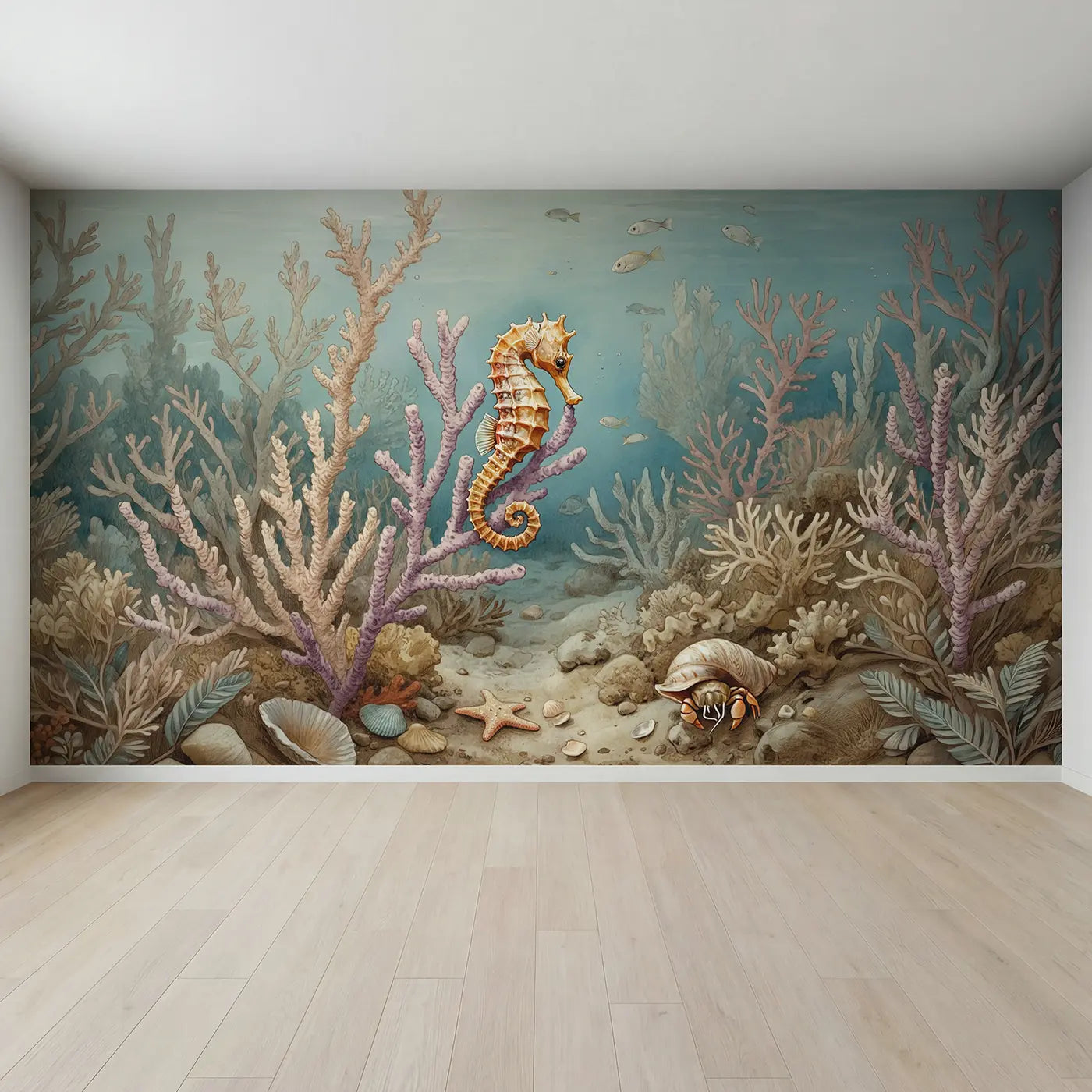 Full view of Golden Seahorse Sea Fan Wallpaper Mural by Whimsy Tots