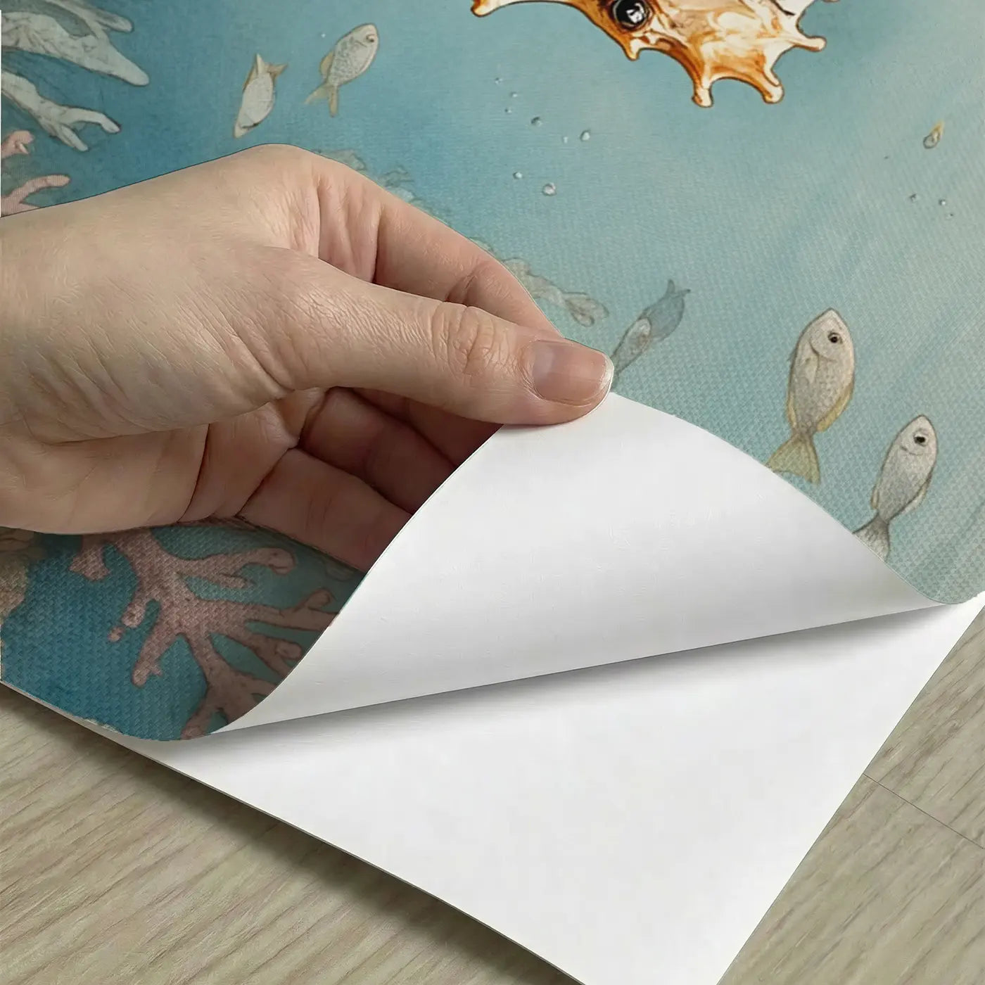 Peel-and-stick detail of Golden Seahorse Sea Fan Wallpaper Mural by Whimsy Tots