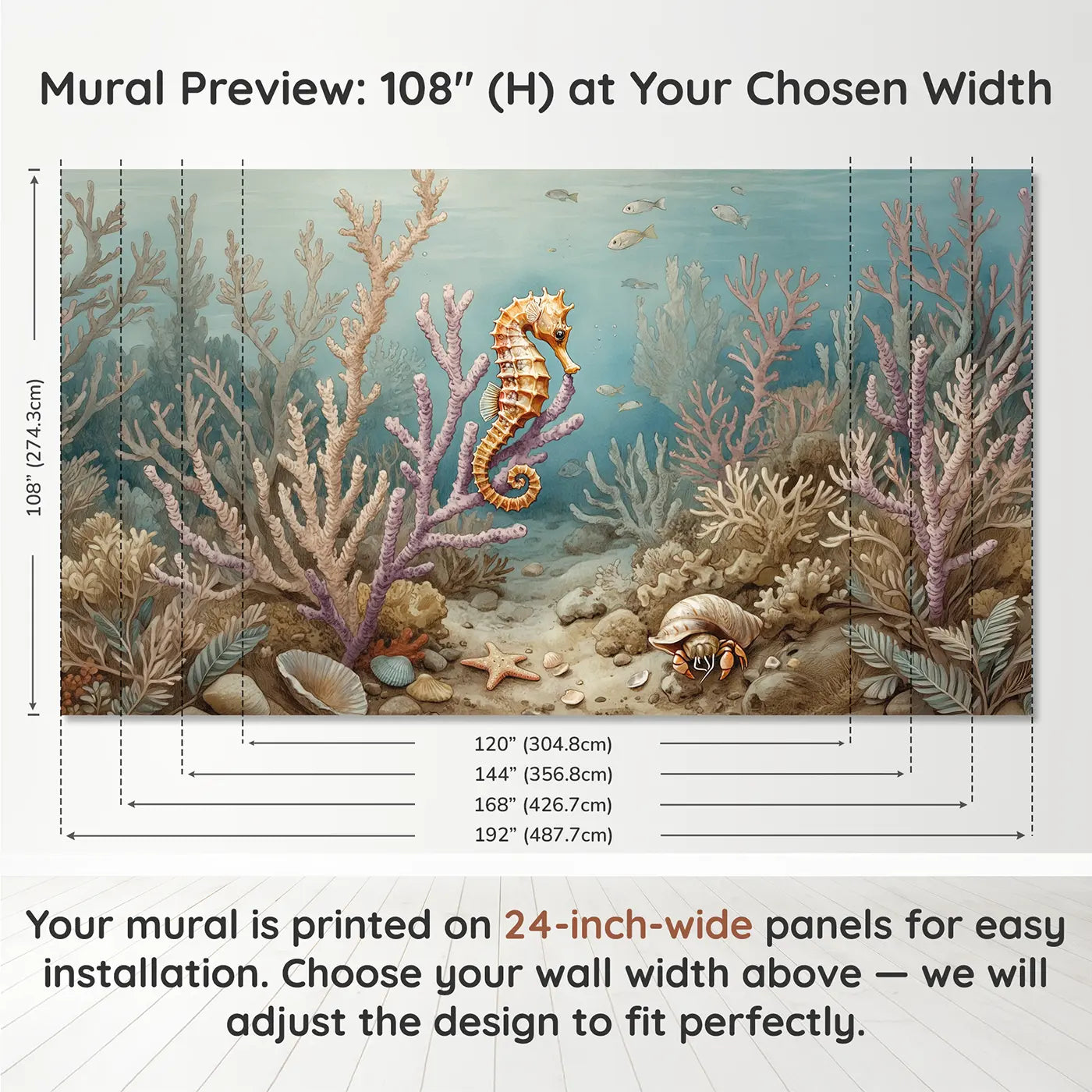 Panel layout and dimensions for Golden Seahorse Sea Fan Wallpaper Mural by Whimsy Tots