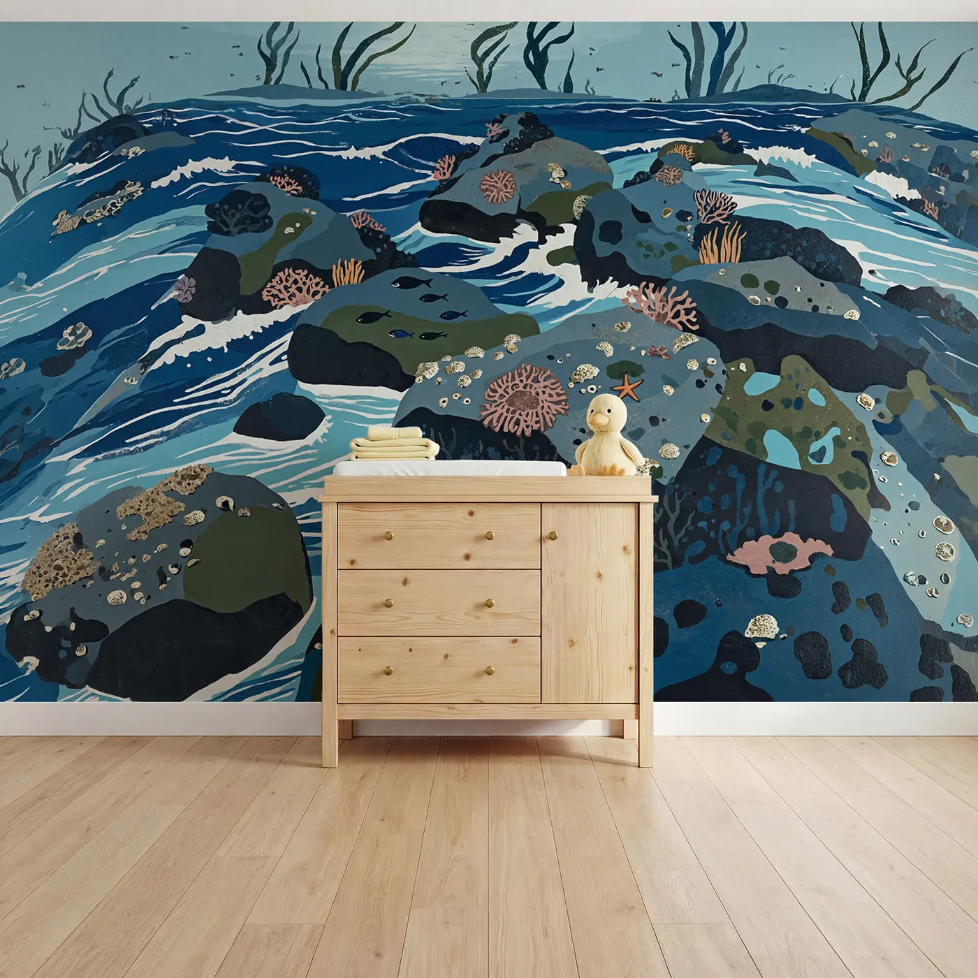 Modern illustration rocky reef kelp fish wallpaper mural for kids room by Whimsy Tots
