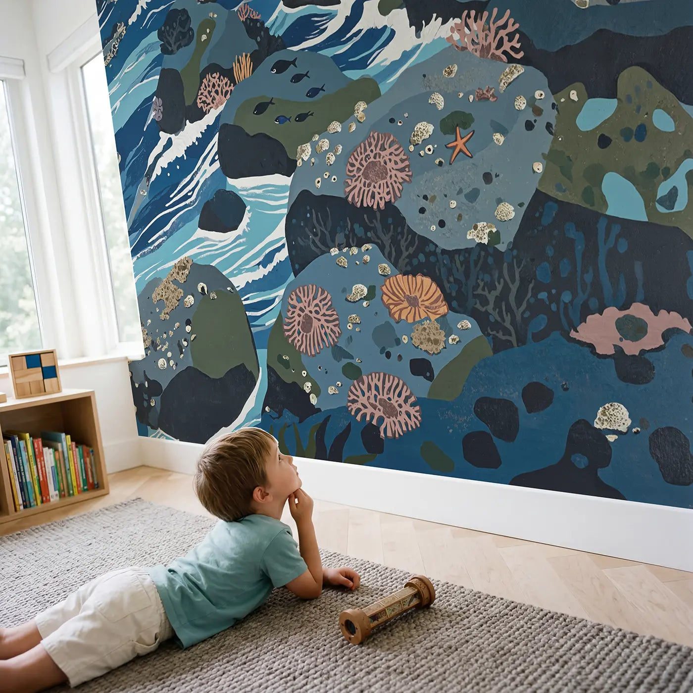 Child in nursery with Temperate Rocky Reef Wallpaper Mural by Whimsy Tots