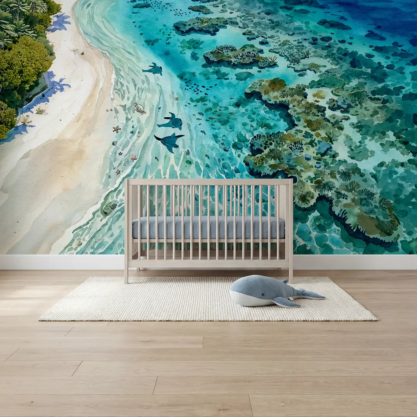 Watercolor crystal lagoon coral fish above wallpaper mural for kids room by Whimsy Tots