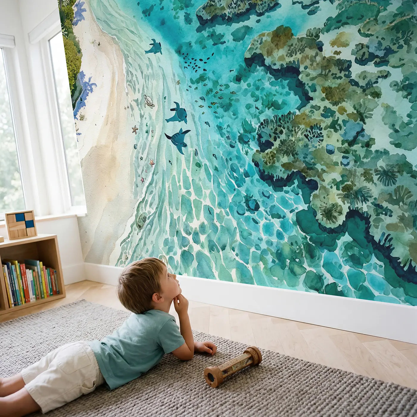 Child in nursery with Crystal Lagoon Above Wallpaper Mural by Whimsy Tots