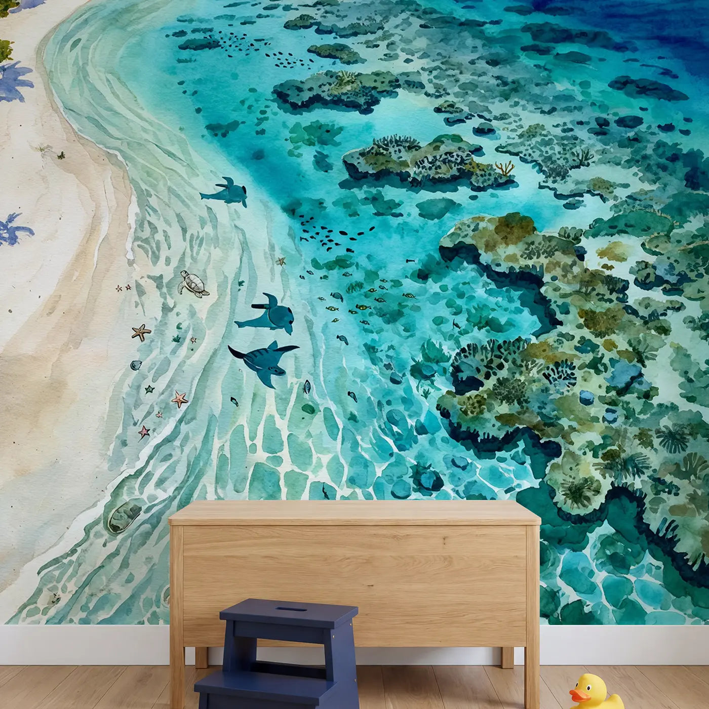 Crystal Lagoon Above Wallpaper Mural in playroom setting by Whimsy Tots