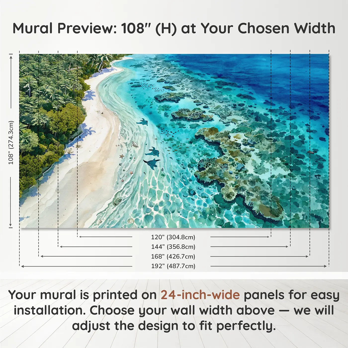 Panel layout and dimensions for Crystal Lagoon Above Wallpaper Mural by Whimsy Tots