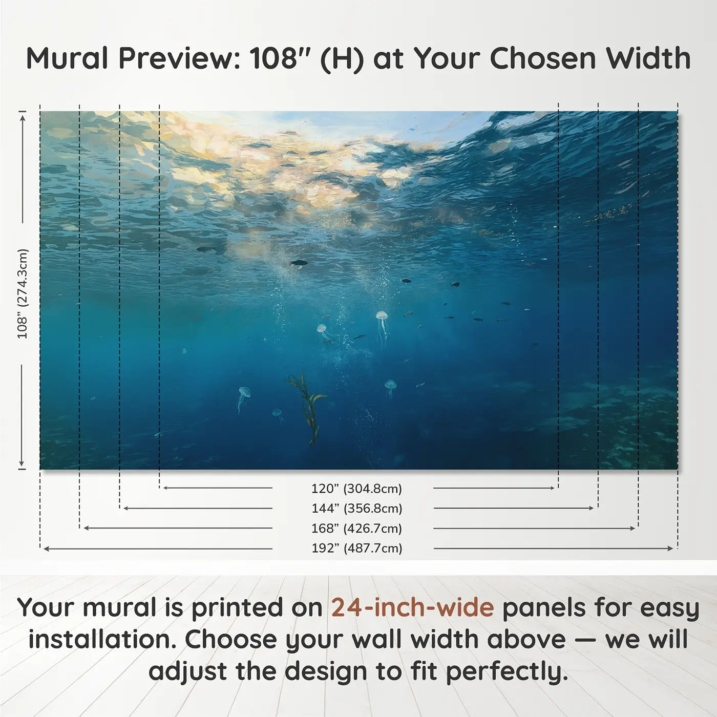 Panel layout and dimensions for Underwater Light Dance Wallpaper Mural by Whimsy Tots