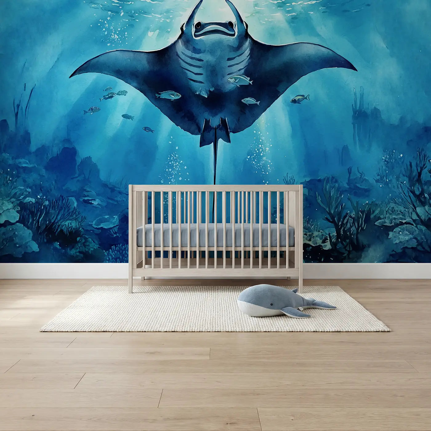 Watercolor giant manta ray coral reef wallpaper mural for boys room by Whimsy Tots
