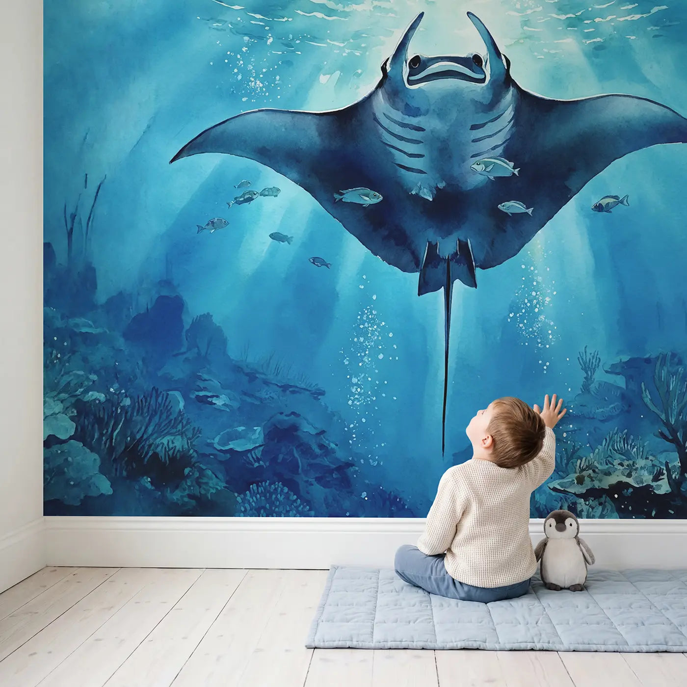 Child in nursery with Giant Manta Ray Above Wallpaper Mural by Whimsy Tots