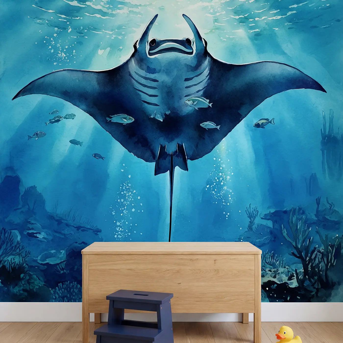 Giant Manta Ray Above Wallpaper Mural in playroom setting by Whimsy Tots