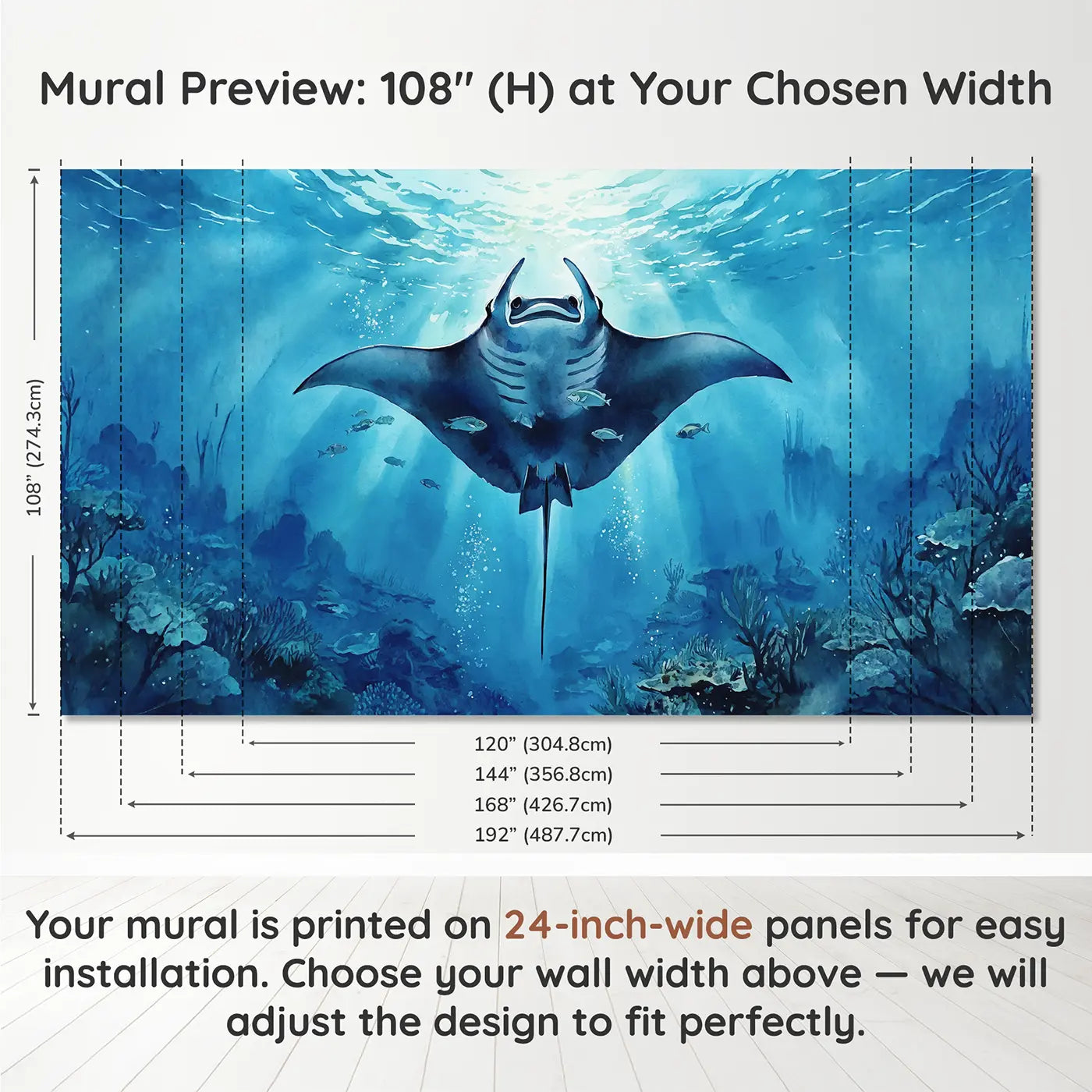 Panel layout and dimensions for Giant Manta Ray Above Wallpaper Mural by Whimsy Tots