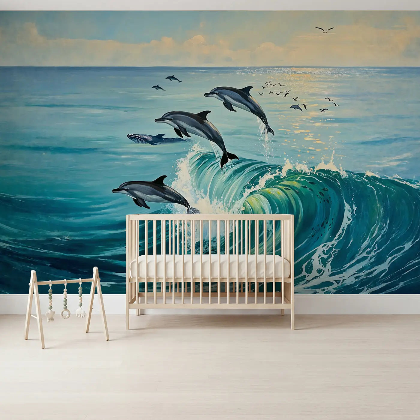 Painted landscape dolphins riding whale wave open ocean wallpaper mural for nursery by Whimsy Tots