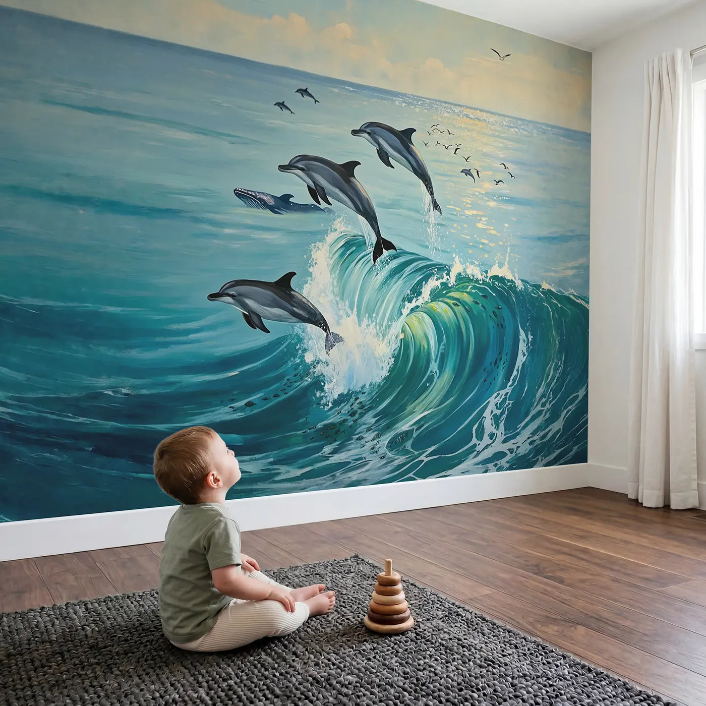 Child in nursery with Dolphins Riding Whale Wave Wallpaper Mural by Whimsy Tots
