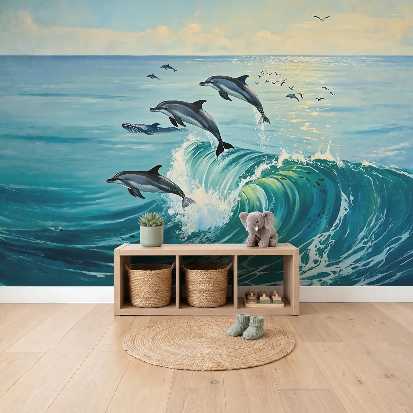 Dolphins Riding Whale Wave Wallpaper Mural in playroom setting by Whimsy Tots