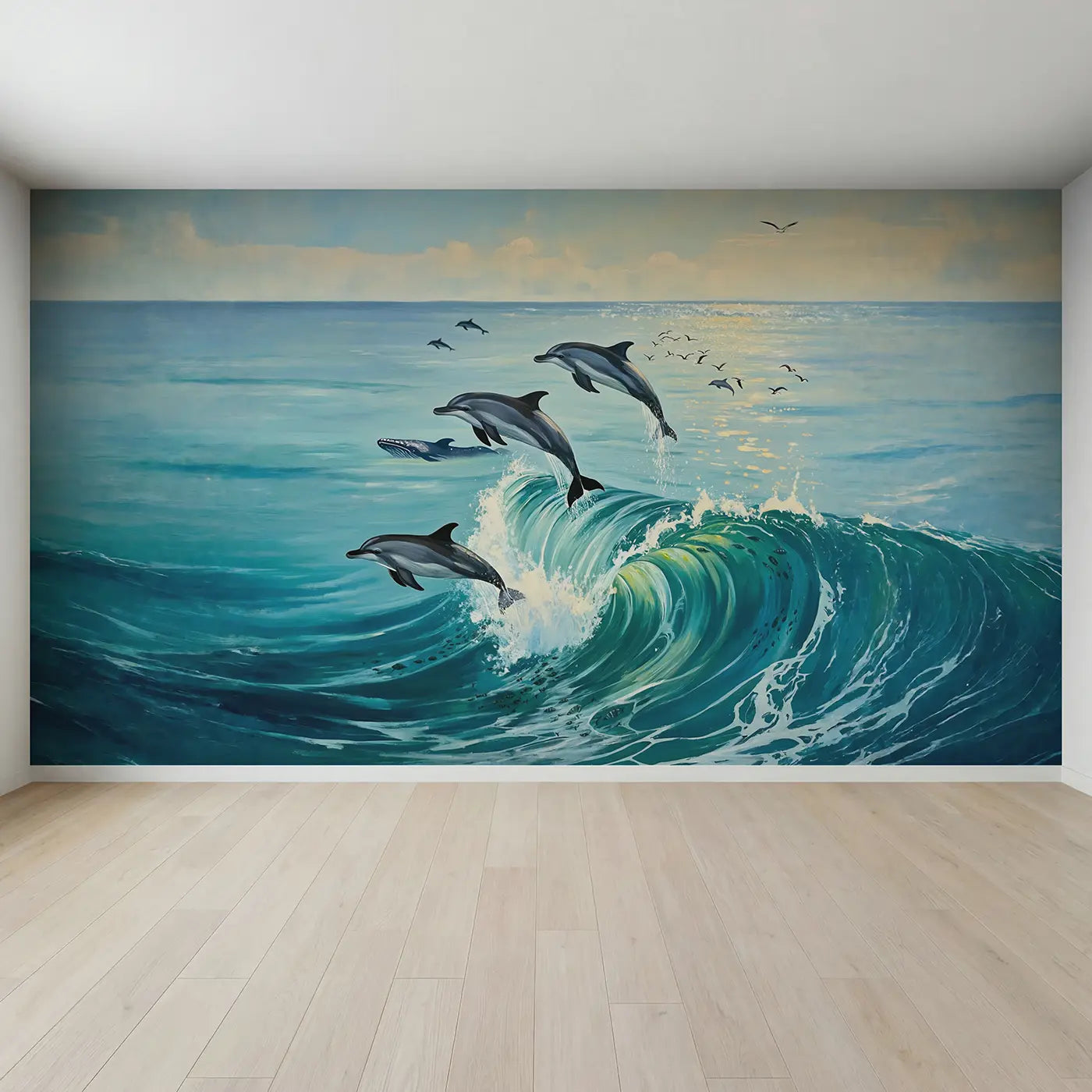 Full view of Dolphins Riding Whale Wave Wallpaper Mural by Whimsy Tots