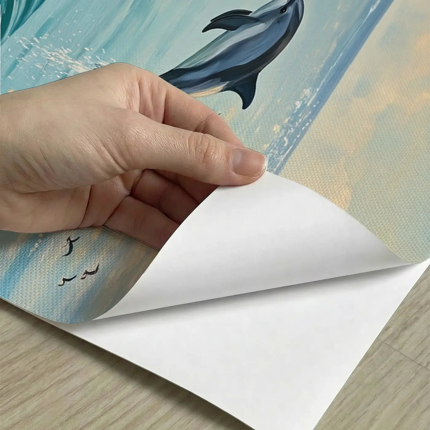Peel-and-stick detail of Dolphins Riding Whale Wave Wallpaper Mural by Whimsy Tots