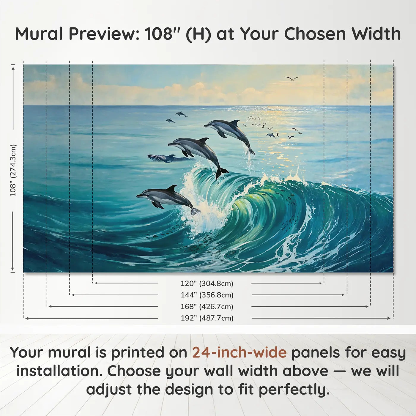 Panel layout and dimensions for Dolphins Riding Whale Wave Wallpaper Mural by Whimsy Tots