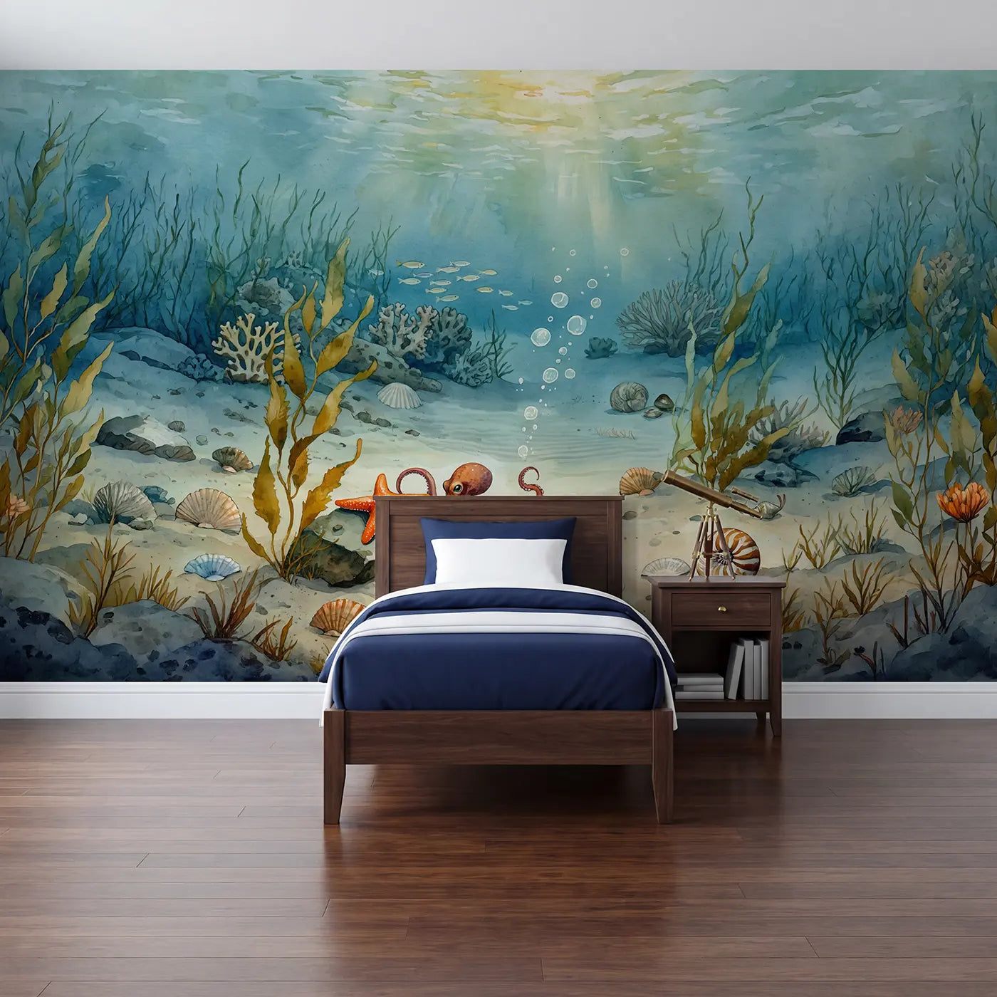 Watercolor octopus and starfish meeting wallpaper mural for kids room by Whimsy Tots