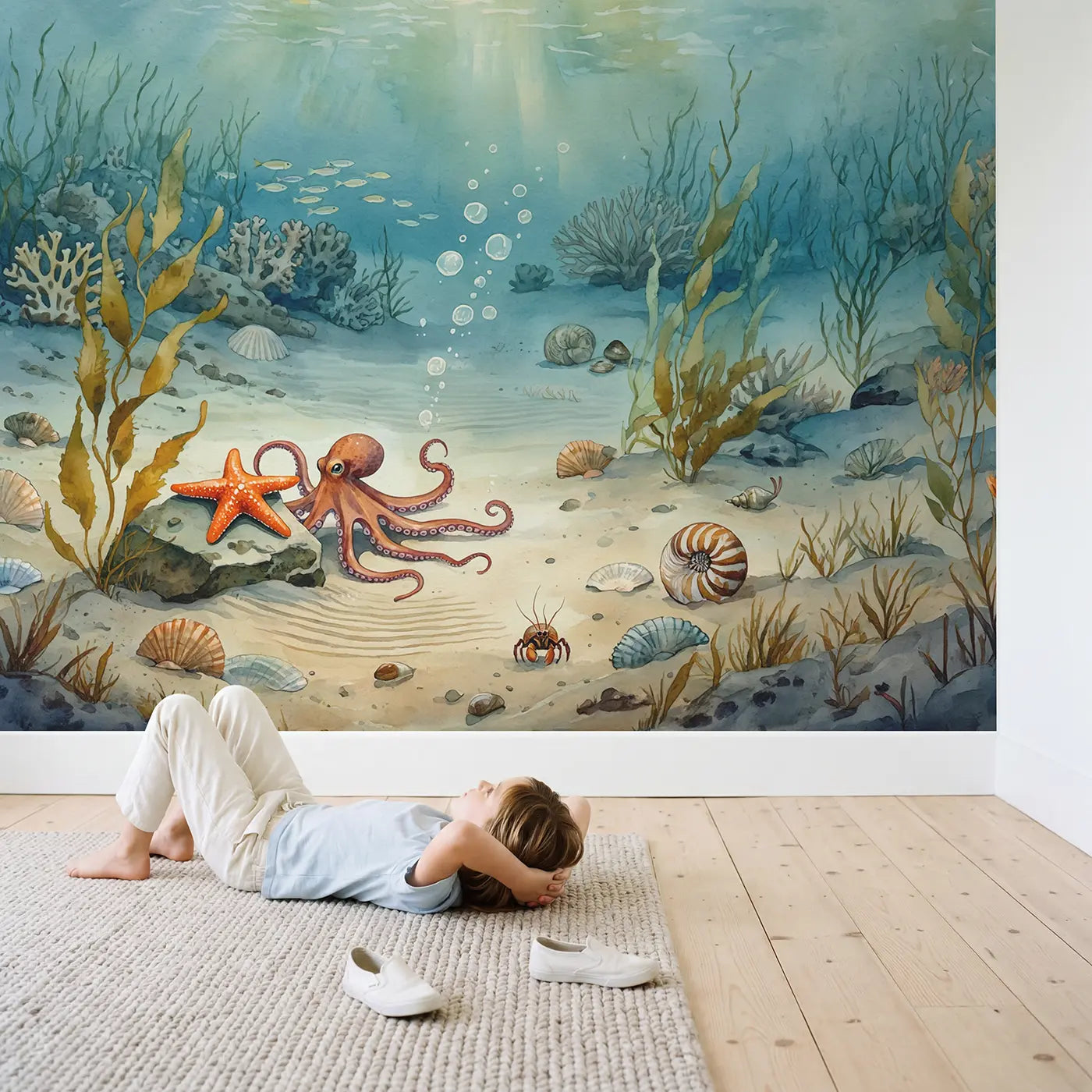 Child in nursery with Octopus and Starfish Meeting Wallpaper Mural by Whimsy Tots