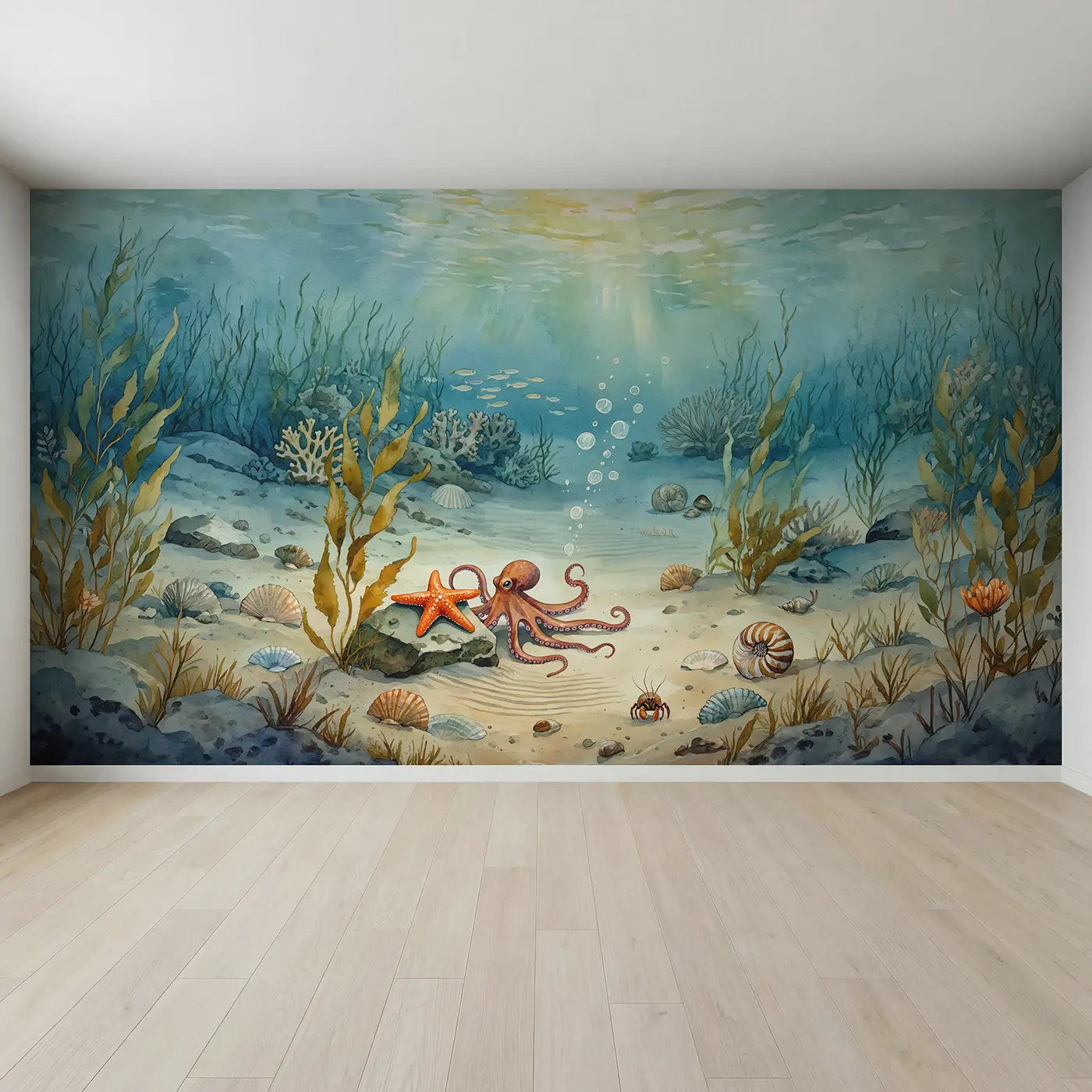 Full view of Octopus and Starfish Meeting Wallpaper Mural by Whimsy Tots