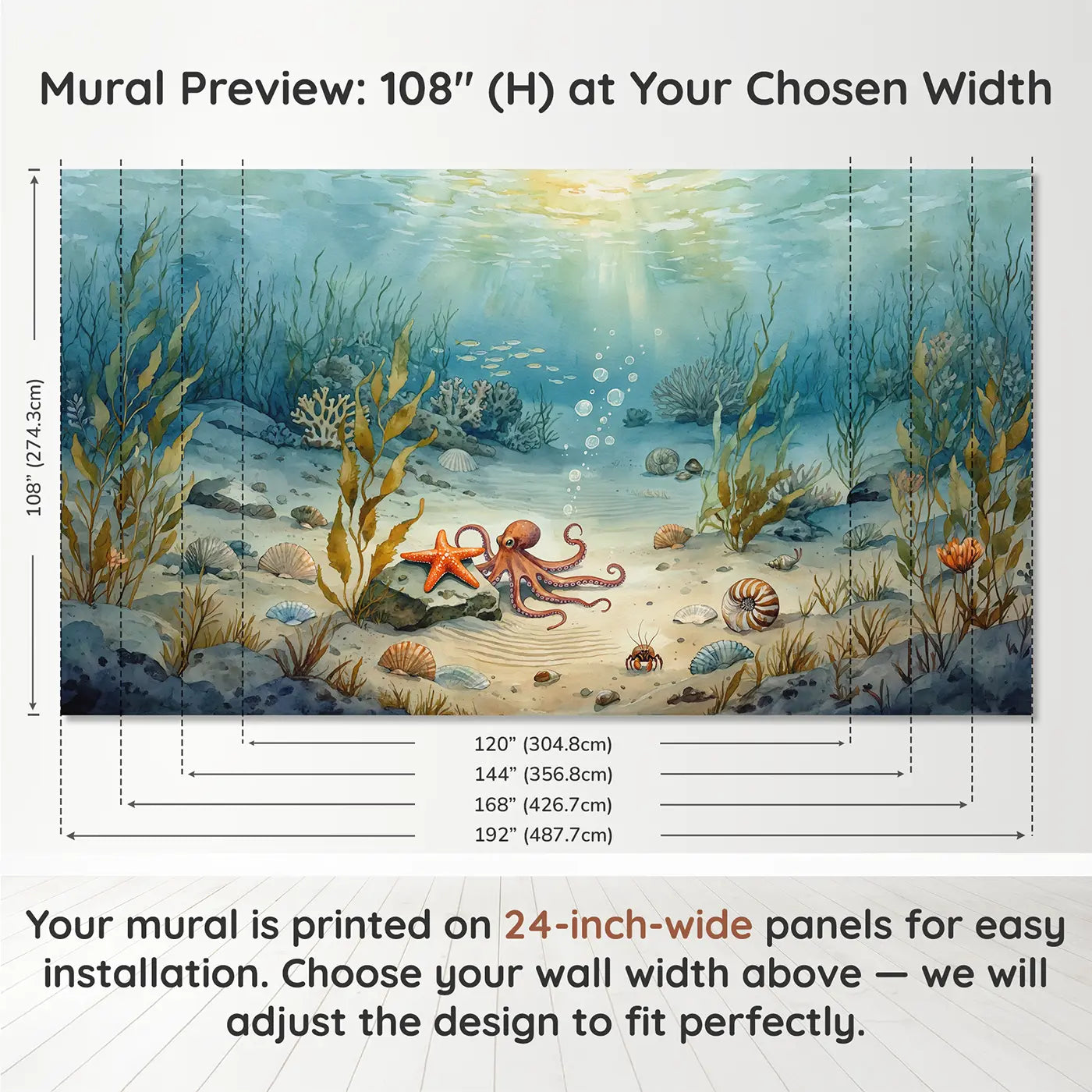 Panel layout and dimensions for Octopus and Starfish Meeting Wallpaper Mural by Whimsy Tots